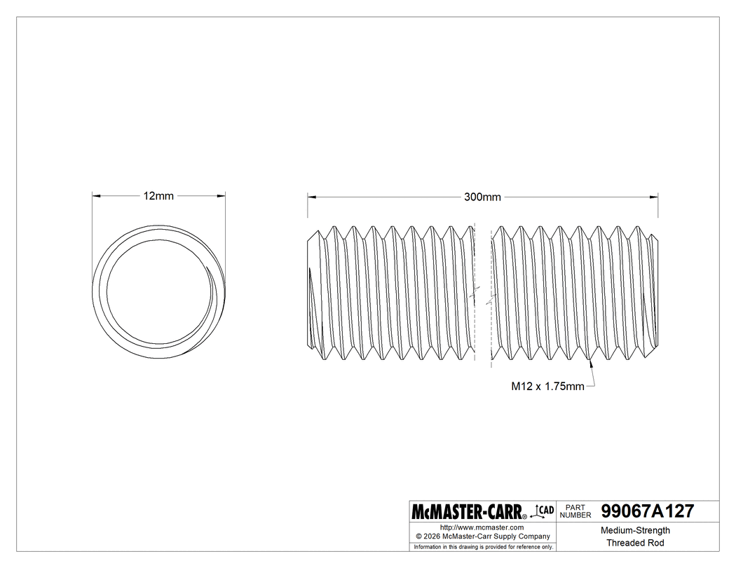 Technical Drawing of Medium-Strength Threaded Rod, Class 8.8 Zinc-Plated Steel, M12 x 1.75mm Thread, 300 mm Long.